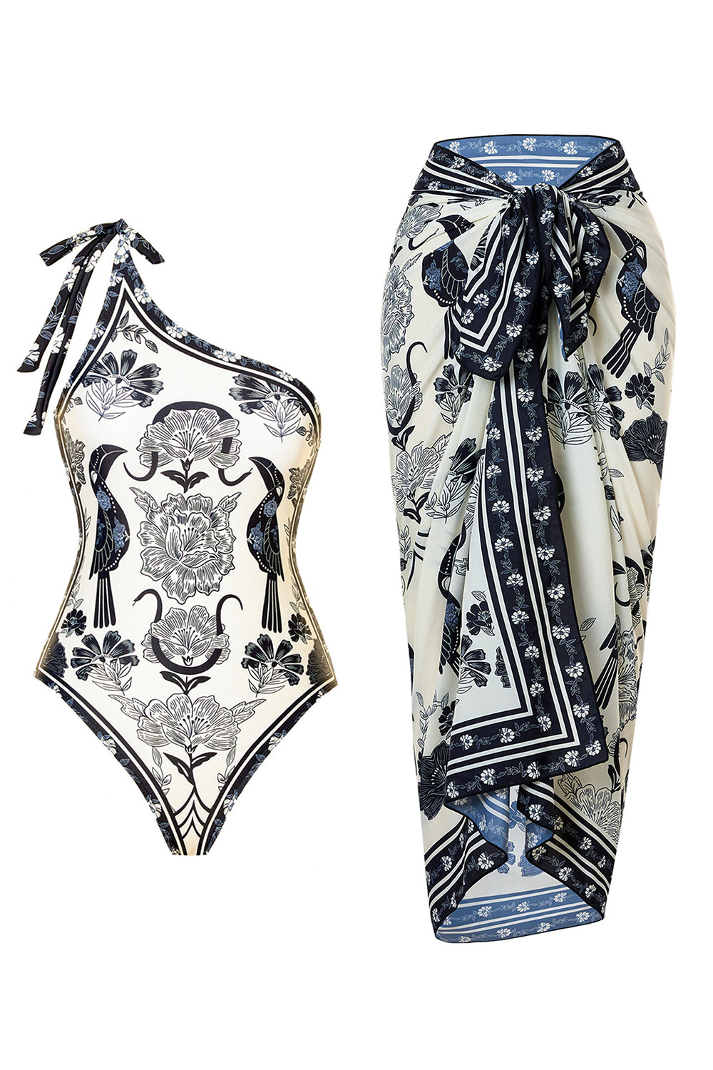 Black White One Shoulder Print Beach Swimsuit with Cover Up