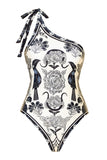 Black White One Shoulder Print Beach Swimsuit with Cover Up