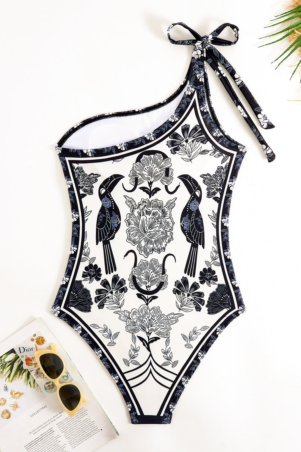 Black White One Shoulder Print Beach Swimsuit with Cover Up
