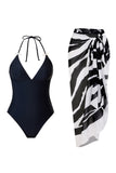 Halter Black One Piece Swimsuit with Cover Up