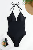 Halter Black One Piece Swimsuit with Cover Up