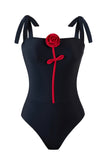 Black 3D Flower One Piece Swimsuit with Cover Up