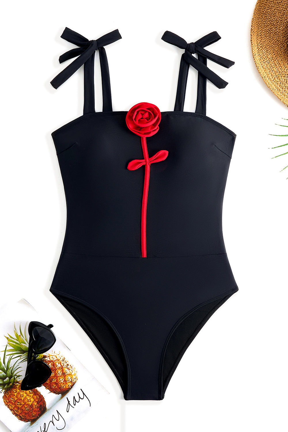 Black 3D Flower One Piece Swimsuit with Cover Up