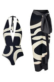 Halter One Piece Black And White Printed Swimwear