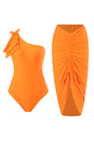 One Piece Orange Ruched Beach Swimwear