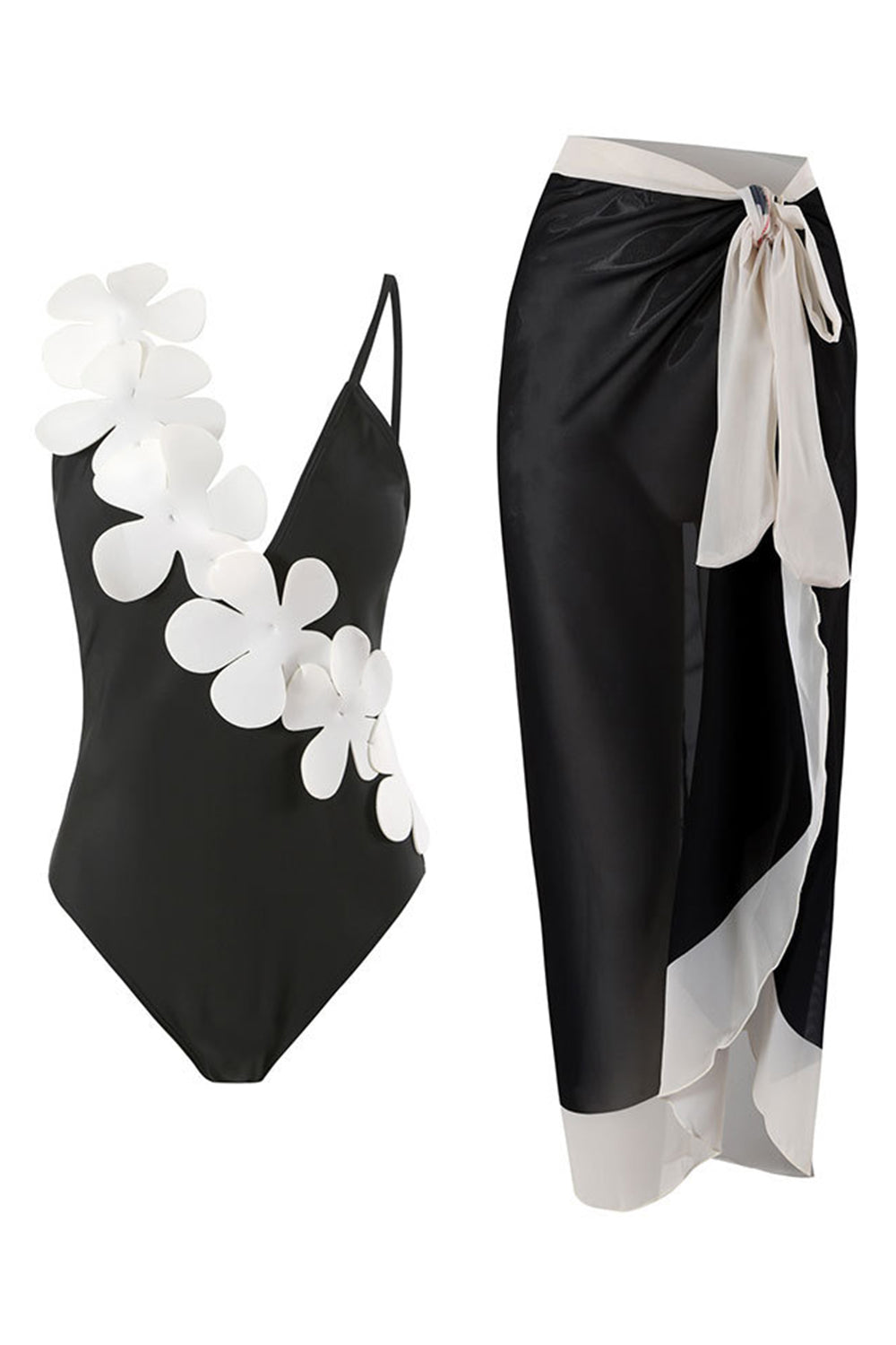 Black White One Piece V Neck Beach Swimwear with 3D Flowers