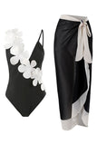 Black White One Piece V Neck Beach Swimwear with 3D Flowers