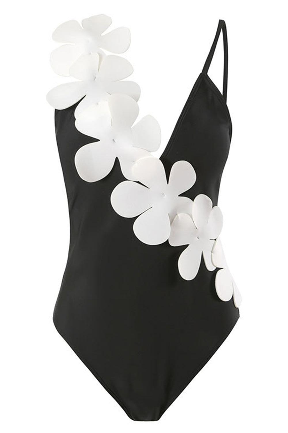Black White One Piece V Neck Beach Swimwear with 3D Flowers