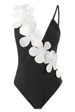 Black White One Piece V Neck Beach Swimwear with 3D Flowers