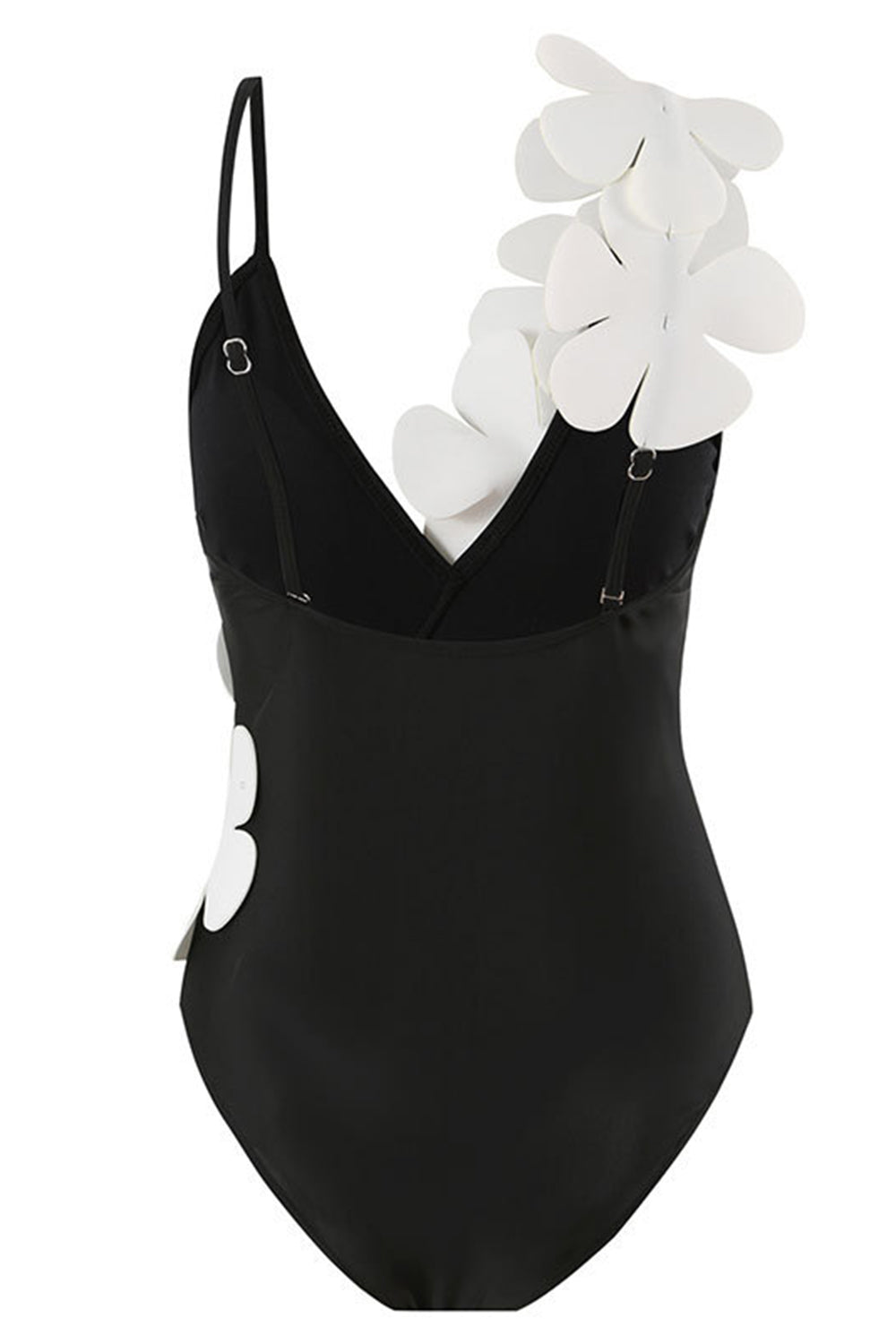 Black White One Piece V Neck Beach Swimwear with 3D Flowers