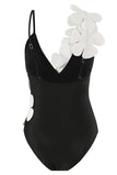 Black White One Piece V Neck Beach Swimwear with 3D Flowers