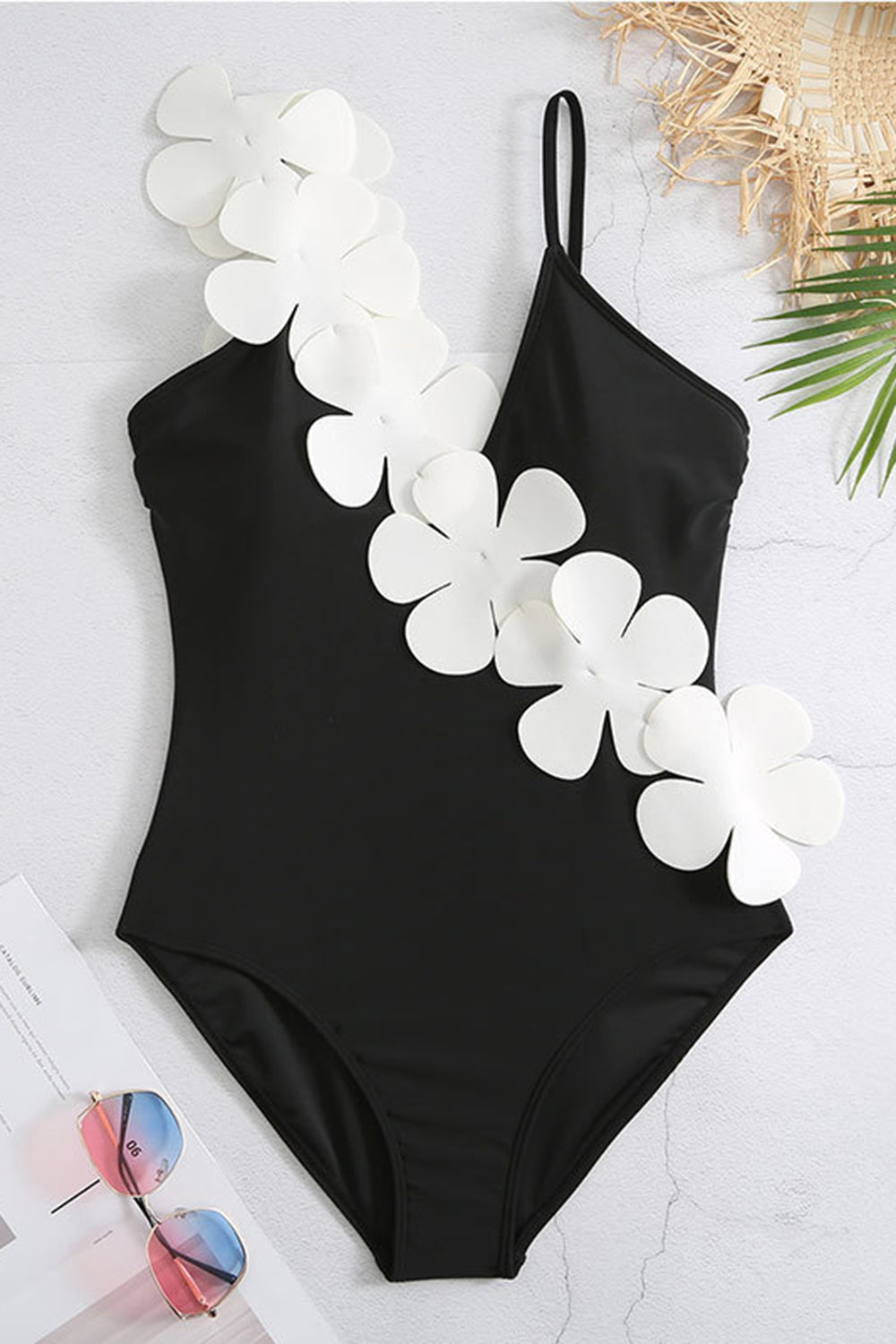 Black White One Piece V Neck Beach Swimwear with 3D Flowers
