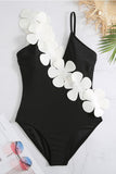Black White One Piece V Neck Beach Swimwear with 3D Flowers