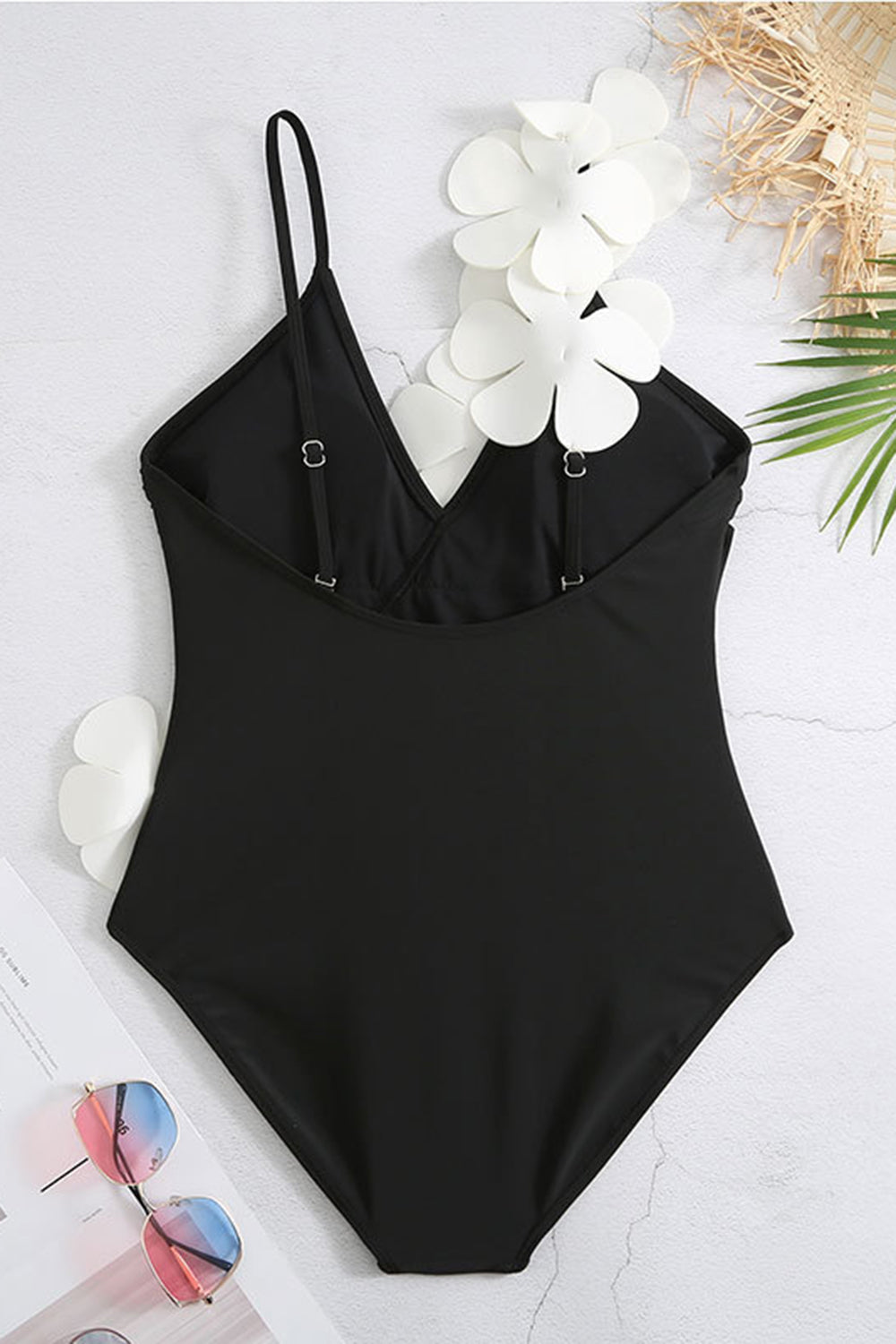 Black White One Piece V Neck Beach Swimwear with 3D Flowers
