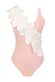 Black White One Piece V Neck Beach Swimwear with 3D Flowers