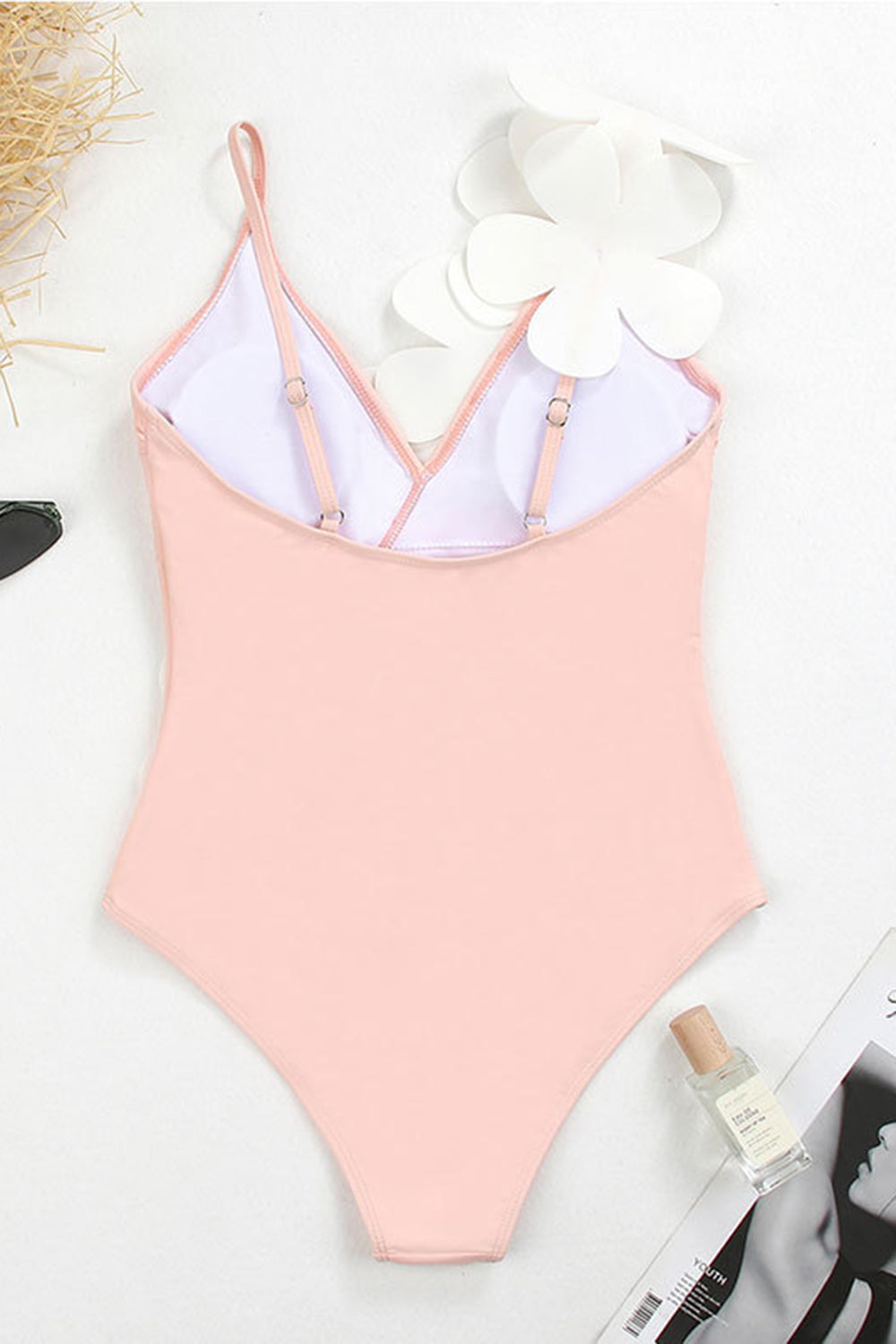 Black White One Piece V Neck Beach Swimwear with 3D Flowers