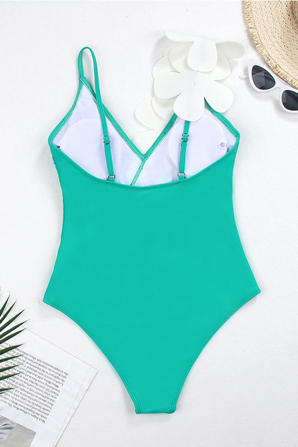 Black White One Piece V Neck Beach Swimwear with 3D Flowers