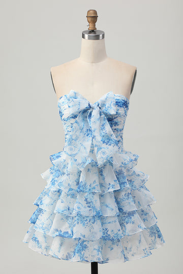 White Blue Flower A-line Strapless Tiered Mini Homecoming Dress with Front Bow
