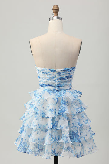 White Blue Flower A-line Strapless Tiered Mini Homecoming Dress with Front Bow