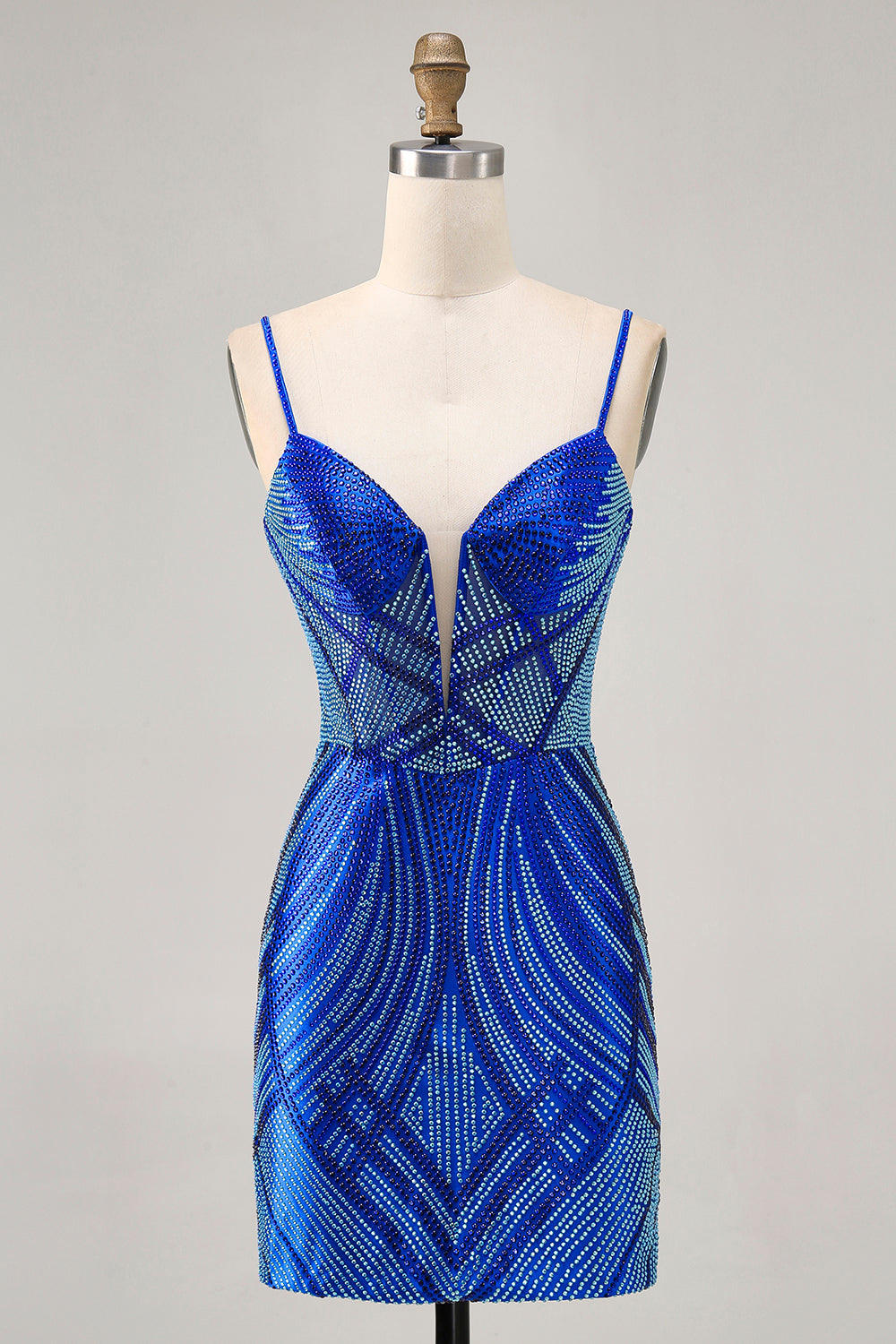Sparkly Royal Blue Spaghetti Straps Tight Short Homecoming Dress with Beading