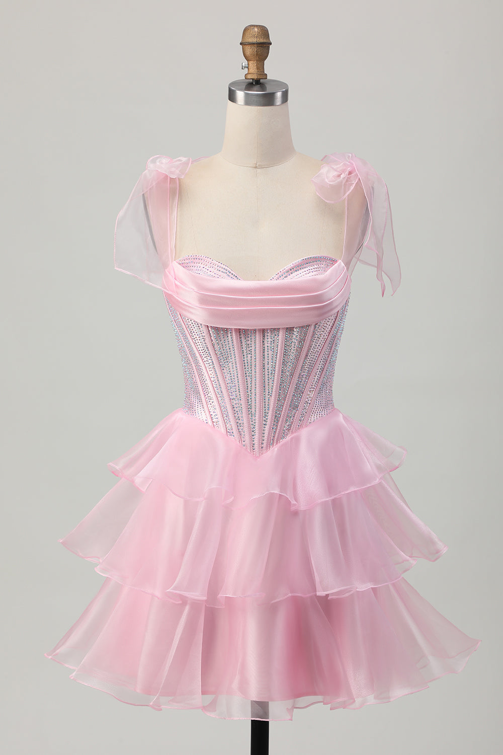 Sparkly Pink Off The Shoulder Corset A Line Tiered Homecoming Dress
