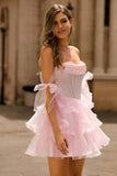 Sparkly Pink Off The Shoulder Corset A Line Tiered Homecoming Dress