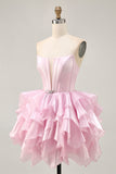 Blue Tiered Corset A Line Strapless Homecoming Dress with Lace Up Back