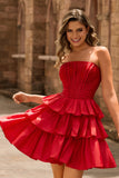 Strapless Red A Line Tiered Corset Beaded Short Homecoming Dress with Bow