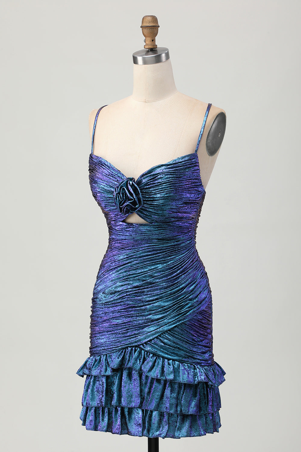 Metallic Blue Purple Bodycon Cut Out Ruffled Homecoming Dress