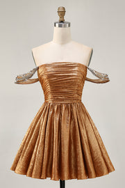 Metallic A-Line Off The Shoulder Beaded Ruched Golden Homecoming Dress