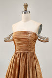 Metallic A-Line Off The Shoulder Beaded Ruched Golden Homecoming Dress