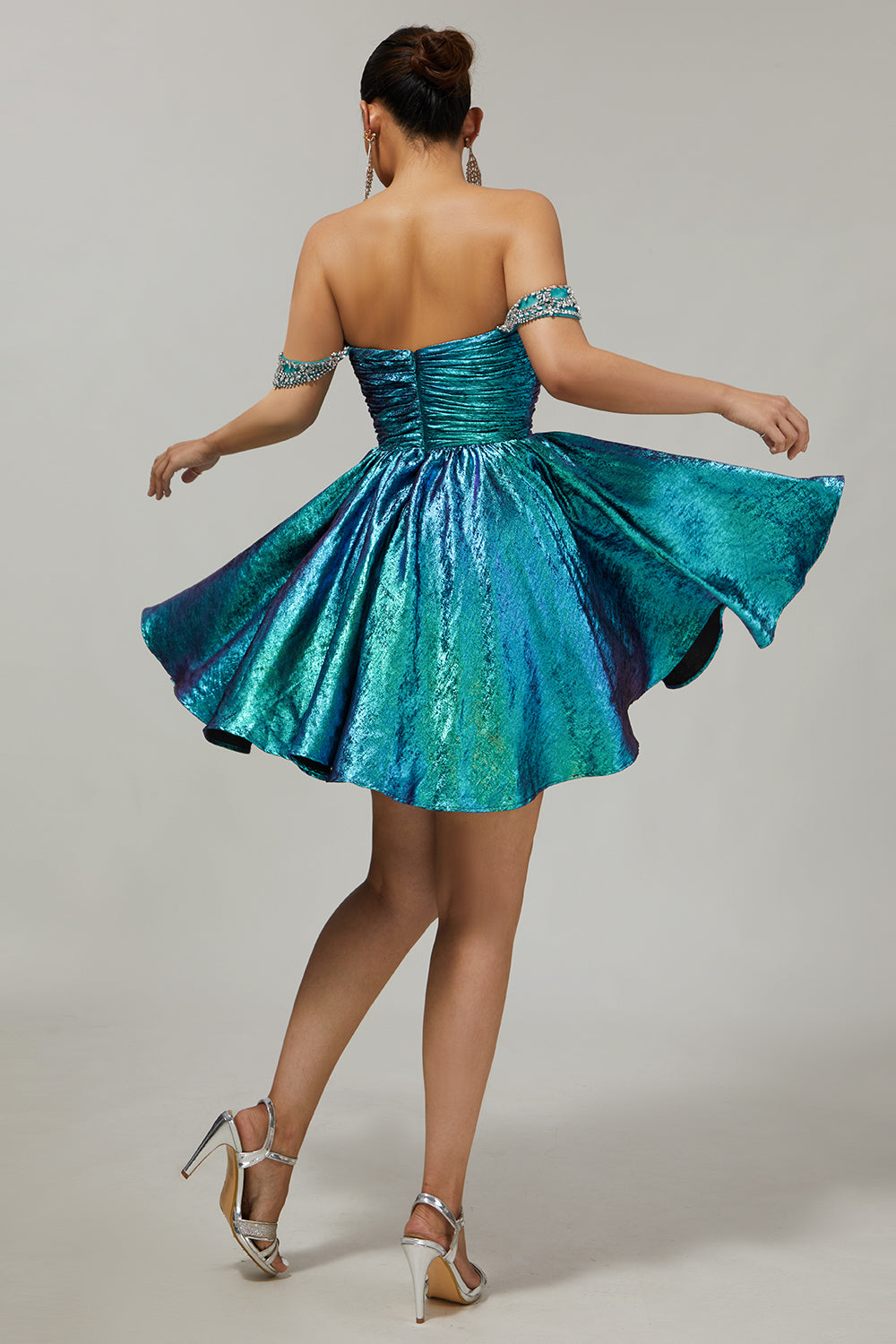 Metallic A-Line Off The Shoulder Beaded Ruched Golden Homecoming Dress