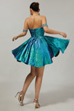 Metallic A-Line Off The Shoulder Beaded Ruched Golden Homecoming Dress
