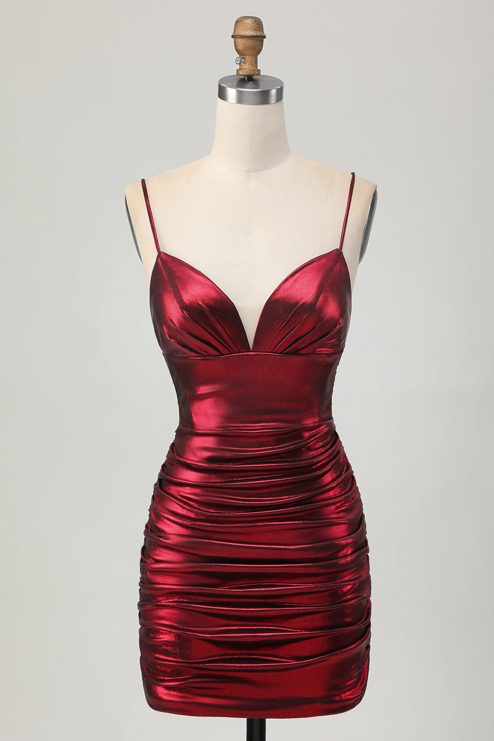 Sparkly Metallic Burgundy Tight Spaghetti Straps Short Homecoming Dress
