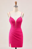 Fuchsia Bodycon Ruched Homecoming Dress with Slit