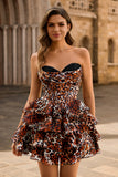 Strapless Khaki Leopard Tiered A Line Corset Homecoming Dress with Ruffles