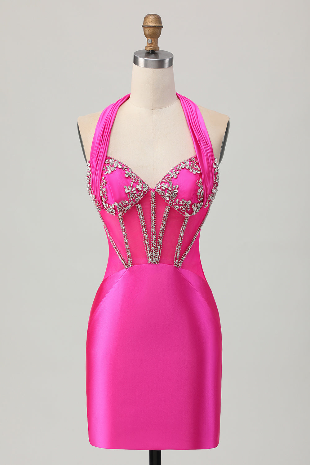 Fuchsia Bodycon Halter Satin Homecoming Dress with Rhinestones