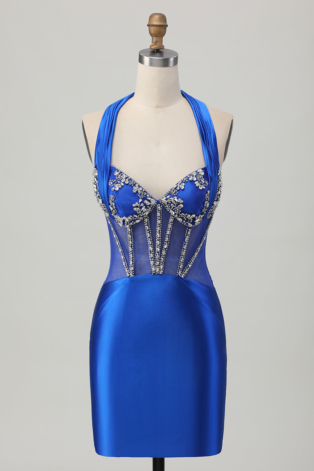 Fuchsia Bodycon Halter Satin Homecoming Dress with Rhinestones