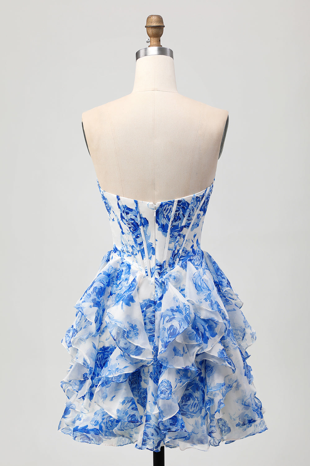 White Blue Floral A-line Strapless Ruffle Cut Out Homecoming Dress with Bow