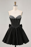 Black A-Line Strapless Beaded Short Homecoming Dress with Bow