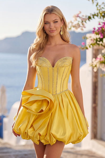 Zapaka Women Pink Strapless Satin Homecoming Dress with Rhinestones A Line Sweetheart Corset Short Prom Dress, Yellow / US8 Zapaka Women Pink Strapless Satin Homecoming Dress with Rhinestones A Line Sweetheart Corset Short Prom Dress, Yellow / US8