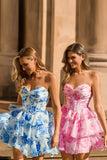 A-line Strapless Corset Tiered Floral Short Homecoming Dress