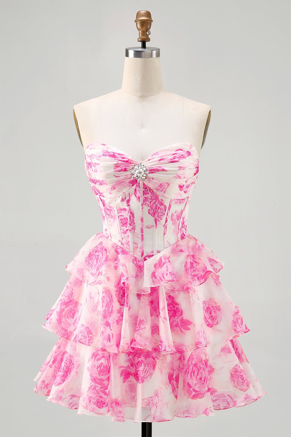 Strapless A-Line Corset Tiered Fuchsia Floral Homecoming Dress