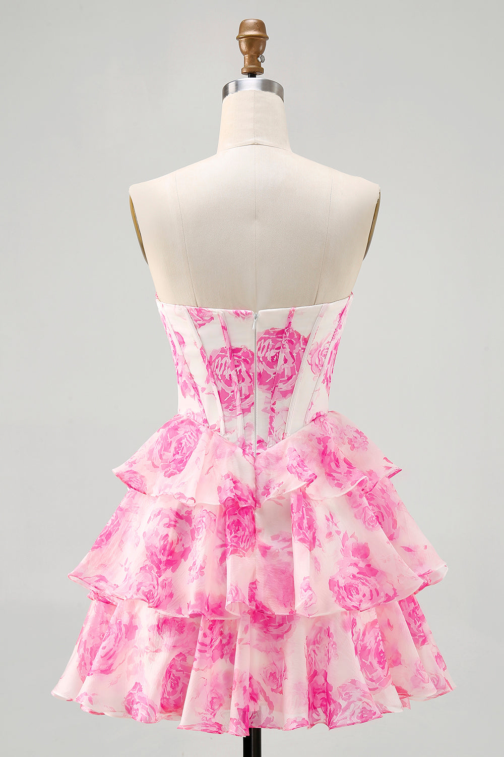 Strapless A-Line Corset Tiered Fuchsia Floral Homecoming Dress
