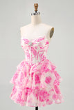White Blue Floral Corset A-line Strapless Tiered Homecoming Dress
