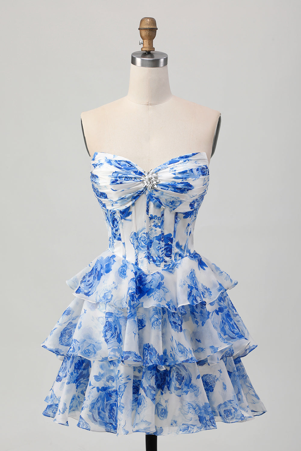 Strapless A-Line Corset Tiered Fuchsia Floral Homecoming Dress