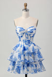 White Blue Floral A-line Sweetheart Corset Tiered Short Homecoming Dress
