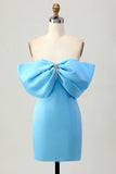 Blue Strapless Ruched Tight Homecoming Dress with Lace-up Back