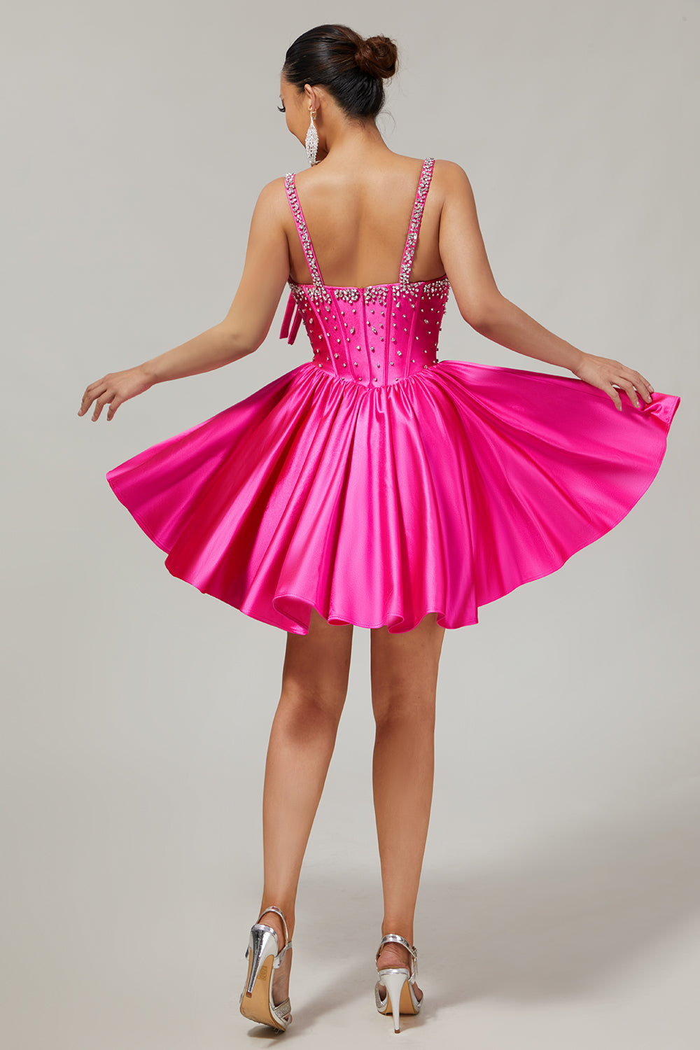 Fuchsia A-Line Corset Satin Homecoming Dress with Rhinestones