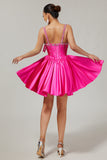 Fuchsia A-Line Corset Satin Homecoming Dress with Rhinestones